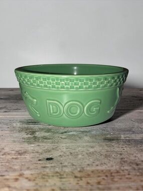 Longaberger Green Ceramic Dog Bowl with Embossed DOG Lettering